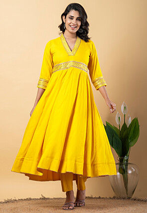 Gota work Pure Rayon Anarkali Suit in Yellow