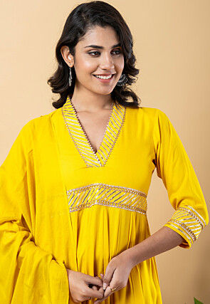 Gota work Pure Rayon Anarkali Suit in Yellow
