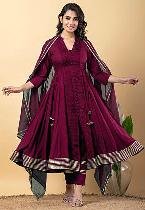 Gota work Pure Rayon Front Slit Anarkali Suit in Purple