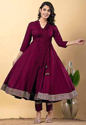 Gota work Pure Rayon Front Slit Anarkali Suit in Purple
