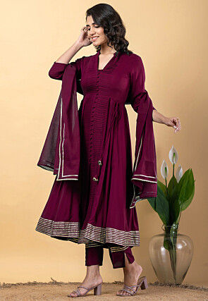 Gota work Pure Rayon Front Slit Anarkali Suit in Purple
