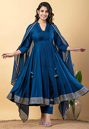 Gota work Pure Rayon Front Slit Anarkali Suit in Teal Blue