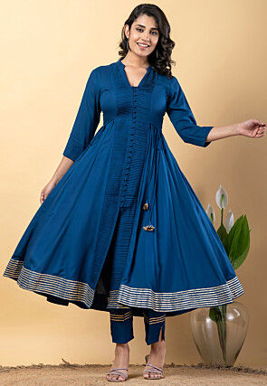 Gota work Pure Rayon Front Slit Anarkali Suit in Teal Blue