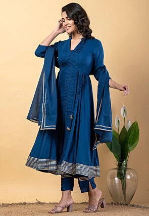 Gota work Pure Rayon Front Slit Anarkali Suit in Teal Blue