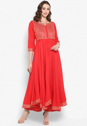 Gota Work Rayon A Line Kurta in Coral Red