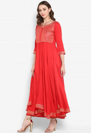 Gota Work Rayon A Line Kurta in Coral Red