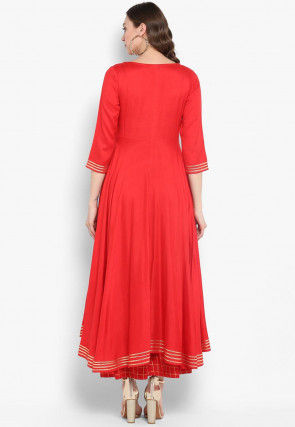 Gota Work Rayon A Line Kurta in Coral Red