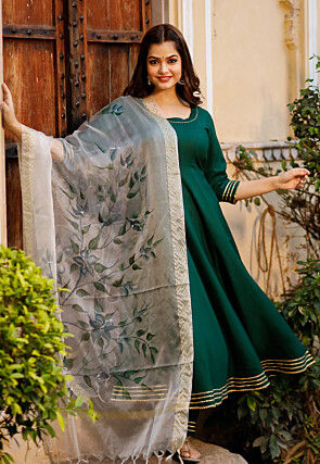 Gota Work Rayon A Line Suit in Dark Green