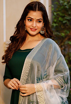 Gota Work Rayon A Line Suit in Dark Green