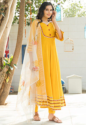 Gota Lace Work Rayon A Line Suit in Yellow