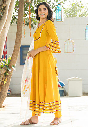 Gota Lace Work Rayon A Line Suit in Yellow