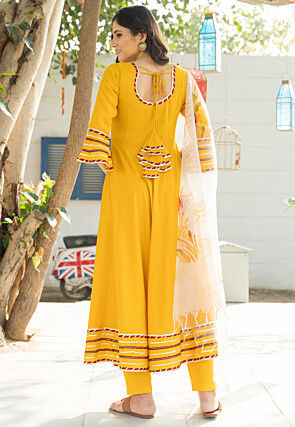 Gota Lace Work Rayon A Line Suit in Yellow
