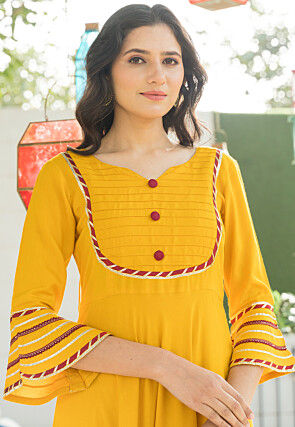 Gota Lace Work Rayon A Line Suit in Yellow