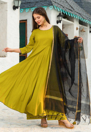 Gota Work Rayon Anarkali Suit in Olive Green