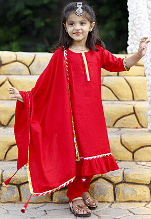 Gota Work Rayon Pakistani Suit in Red