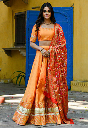 Gota Work Taffeta Silk Lehenga in Orange