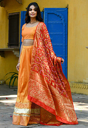 Gota Work Taffeta Silk Lehenga in Orange
