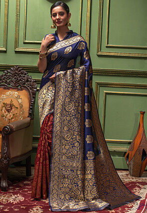 Half And Half Art Silk Jacquard Saree in Navy Blue and Red
