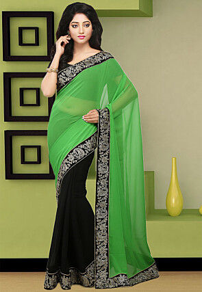 Half and Half Chiffon and Georgette Saree in Light Green and Black
