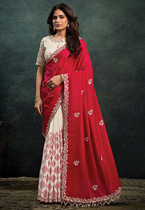 Half N Half Bandhej Printed Satin Silk Saree in Red and Cream