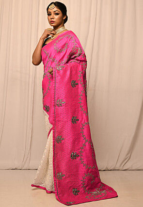 Half N Half Art Silk Embroidered Saree in Fuchsia and Cream