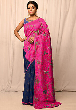 Half N Half Art Silk Embroidered Saree in Fuchsia and Navy Blue