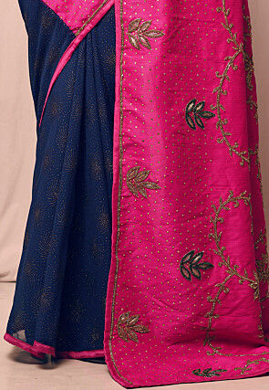 Half N Half Art Silk Embroidered Saree in Fuchsia and Navy Blue