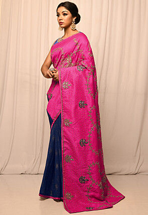 Half N Half Art Silk Embroidered Saree in Fuchsia and Navy Blue