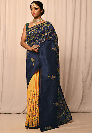 Half N Half Art Silk Embroidered Saree in Navy Blue and Yellow