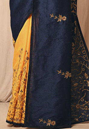 Half N Half Art Silk Embroidered Saree in Navy Blue and Yellow