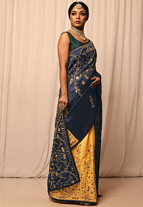 Half N Half Art Silk Embroidered Saree in Navy Blue and Yellow