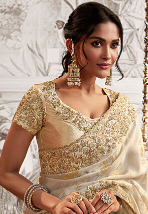 Half N Half Art Silk Jacquard and Art Silk Saree in Cream