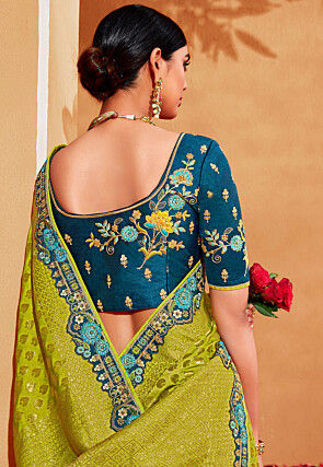 Half N Half Art Silk Jacquard Saree in Light Green and Teal Blue