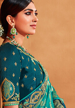 Half N Half Art Silk Jacquard Saree in Teal Blue and Grey