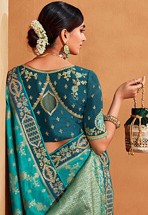 Half N Half Art Silk Jacquard Saree in Teal Blue and Grey