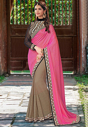 Half N Half Art Silk Saree in Beige and Pink