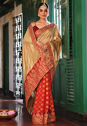 Half n Half Art Silk Saree in Beige and Red