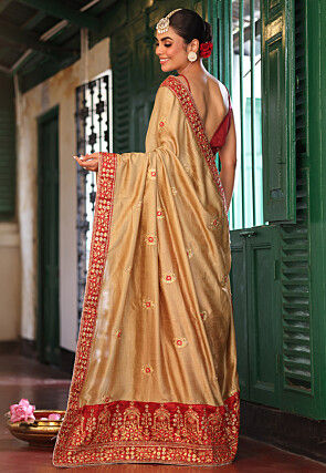 Half n Half Art Silk Saree in Beige and Red