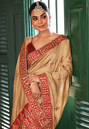 Half n Half Art Silk Saree in Beige and Red