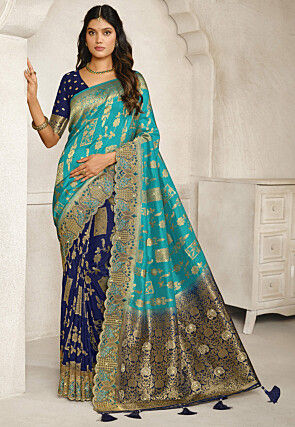 Half N Half Art Silk Saree in Blue and Navy Blue