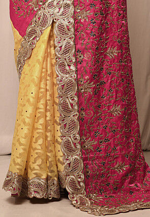 Half N Half Art Silk Saree in Dark Pink and Light Mustard