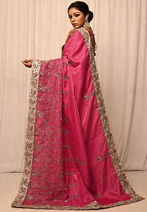 Half N Half Art Silk Saree in Dark Pink and Light Mustard