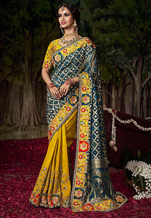 Half N Half Art Silk Scalloped Saree in Dusty Blue and Yellow