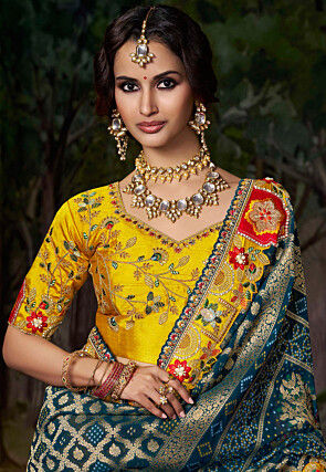 Half N Half Art Silk Scalloped Saree in Dusty Blue and Yellow