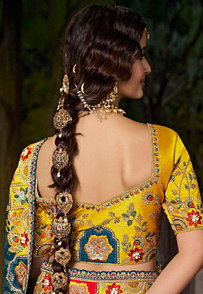 Half N Half Art Silk Scalloped Saree in Dusty Blue and Yellow