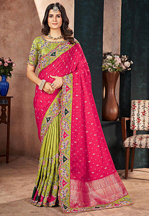 Half N Half Art Silk Saree in Fuchsia and Light Green
