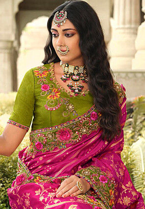 Half N Half Art Silk Saree in Fuchsia and Light Green