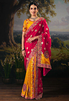 Half N Half Art Silk Saree in Fuchsia and Yellow