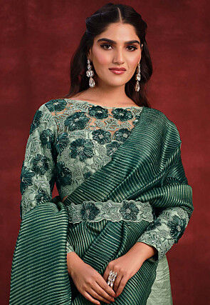 Half N Half Art Silk Saree in Green