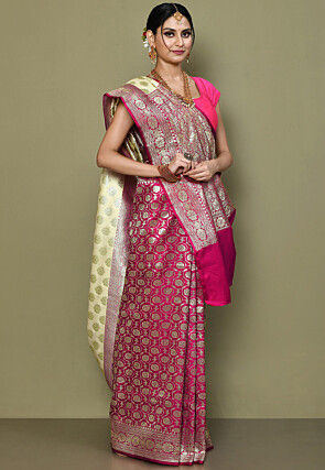 Half N Half Art Silk Saree in Light Beige and Magenta
